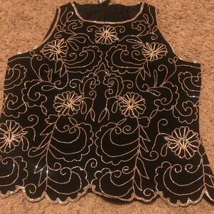 Vintage Embroidered Beaded Floral Black Sleeveless Top *FLAW